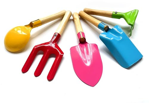 KY-Tech Kids Gardening Tools 5 Piece 8 Kids Gardening Set Safe Beach Sandbox Toy Made of Metal with Sturdy Wooden Handle Gardening Equipment Spoon, Fork, Trowel, Rake & Shovel for Children