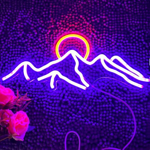 LED Dekorative Neonschild USB Betrieben mit Dimmbare Schalter für Wand Deko, Mountain Neonlicht für Jungen Mädchenzimmer, Wandkunst Sonnenuntergang Lampe Geschenke für Kids (Lila Rot)