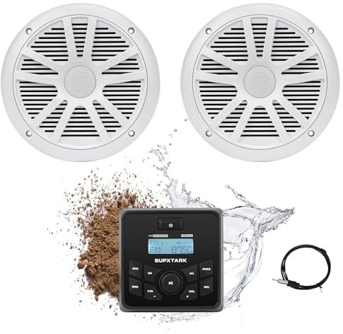 Sistema audio marino con altoparlanti marini e pacchetto ricevitore calibro, ricevitore audio Bluetooth impermeabile IPX6 e ricevitore radio AM FM, USB, MP3, ingresso AUX, 2 altoparlanti da barca da