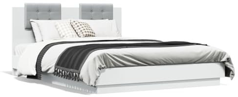 Bulliing Bettgestell mit Kopfteil und LED-Leuchten Bettrahmen Bettgestell Bed Frame Kopfteil Bett Betten Weiß 120x200 cm