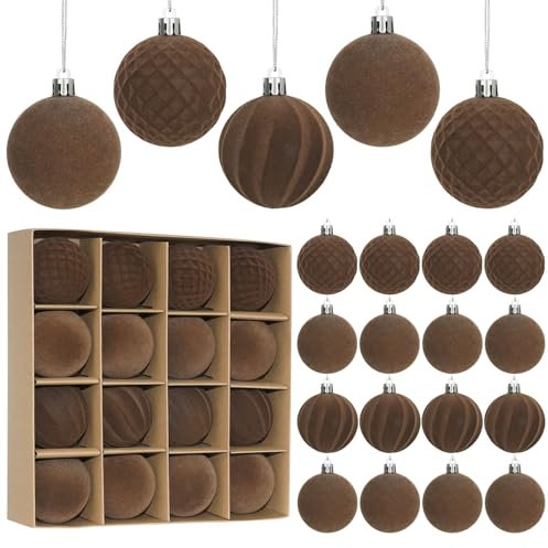 Miaikoe 16 Stück Samt Weihnachtskugeln hängende Ornamente Set, vorgebunden zerstörungsdicht Plastik Flocked Weihnachtskugeln Weihnachtsdekorationen Festival Feiertag Party Dekor (Braun, 6CM)