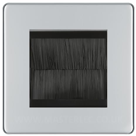 BG Screwless Polished Chrome Single 2 Gang Brush Cable Entry Wall Plate Black Insert Square