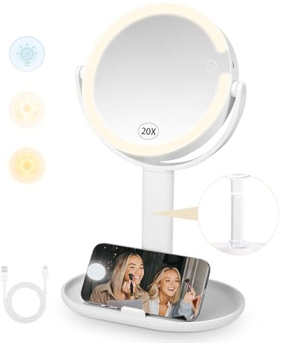 Miroir Grossissant Lumineux, Miroir de maquillage avec support pour téléphone portable,Mirroir grossissant 1X/20X,3 Couleurs d'éclairage,Mirroir Maquilleur Lumineux,Rotation à 360° des deux côtés