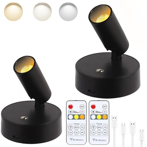 Drahtlose LED-Scheinwerfer Innen mit Fernbedienung,Uplights Innen Dimmbare Bild Licht Batterie Betrieben mit Timer,Wiederaufladbare Spotlichter Innen Akzent Uplighting für Pflanzen Wand Kunst,2 Stück