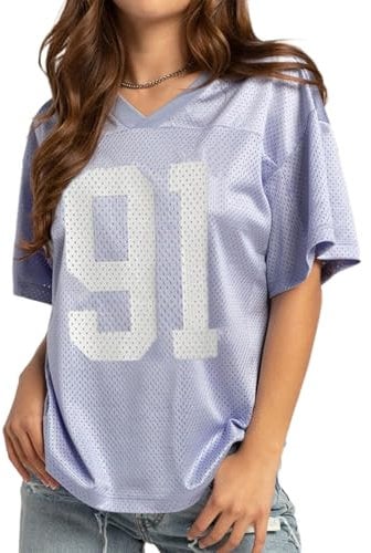Women Y2K Basketball T-Shirt Short Sleeve V Neck Number Print Oversized Tee Loose Blokecore Jersey Shirt Aesthetic Streetwear (Light Purple G, S)