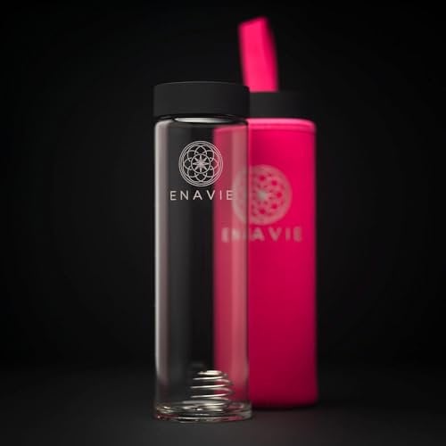 ENAVIE Shaker Flasche, 550ml, Gehärtetes Glas mit Neoprenhülle, Protein Shaker mit Shaker Ball (Magenta)