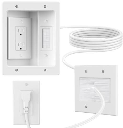 in Wall Cable Concealer Kit with Brush Wall Plate,Recessed Outlet Box,9ft Cord,2 Gang Pass Through Wire Hider for TV Cable Management,HDMI Cables and Home Theater Systems