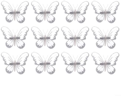 Zeroupshop Paquete de 12 adornos de mariposa de gasa con clips, colgantes decorativos para colgar en el árbol, colección blanca de decoración navideña