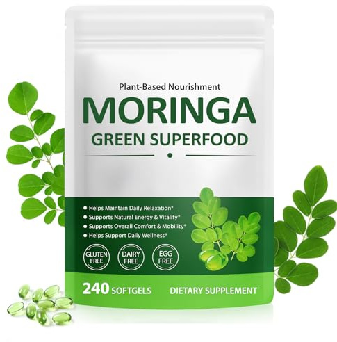Moringa Capsules 240 Count - 6000 mg Moringa Leaf Extract Oil Softgels - Natural Green Superfood Supplement, Rich in Antioxidants - Supports Energy, Skin, Bone, Joint, Immune & Gut Health