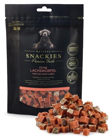 SNACKIES Feine Lachswürfel 170g Premium Snacks für Hunde, ohne Zusatz von Getreide, Zucker, Farb-, Aroma- und Konservierungsstoffe, schonend luftgetrocknete Leckerli