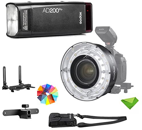Godox AD200 Pro AD200Pro 200 Ws mit Godox R200 Makro-Ringblitz 2,4 G Blitz, 1/8000 HSS, 500 Blitze mit voller Leistung, 0,01–2,1 s Recycling, 2900-mAh-Akku, Bare Bulb/Speedlite Fresnel-Blitzkopf