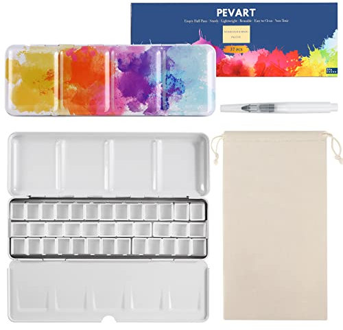 PEVART Juego de 40 Unidades de 1 Caja de Acuarela vacía Caja de Pintura de Metal, 37 sartenes vacías de Acuarela, para Acuarela, 1 Pincel para depósito de Agua, 1 Bolsa de Almacenamiento
