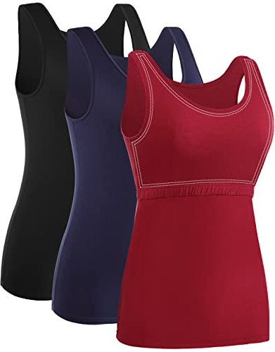 Ymmchy Damen Tank Tops mit Regal-BH Unterhemden Workout Stretch Tanktop 3er Pack Black/DB/Wine Red S