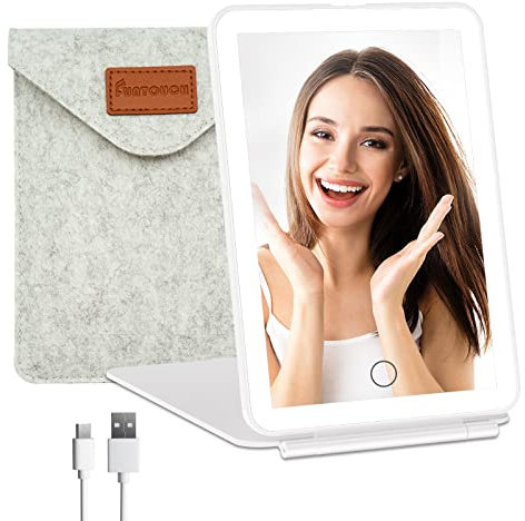 FUNTOUCH Espejo Maquillaje de Viaje Recargable Con 72 Luces, Portátil Iluminado, 3 Modos de Iluminación, Pantalla Táctil Regulable, Cosmético Plegable de Mesa Con Bolsa de Almacenamiento