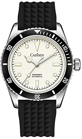 TYBERLEY CADISEN Herren Automatikuhr mechanisches NH35 Uhrwerk Synthetik Saphir 200m Wasserdicht Leuchtend Edelstahlband Sport Taucheruhr Datum, Weißes Gummi