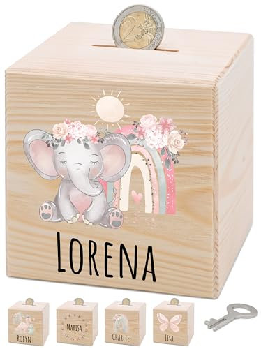 Bärenfreunde® - Personalisierte Spardose Kinder aus Holz mit Metallschloss - Spardose mit Namen mit kinderfreundlichem UV-Druck zum Sparen für Kinderträume (Elefant rosa)