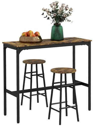 HOMCOM Ensemble Table de Bar bistrot + 2 tabourets avec Repose-Pieds Table Mange-Debout Structure en Acier Design Industriel Table Haute de Cuisine Plateau Aspect Brun Rustique Noir