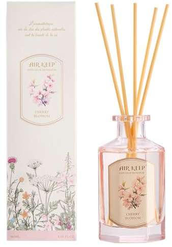 Airkeep Raumduft Cherry Blossom Duft, 180ml Reed Diffuser mit 8 Duftstäbchen, Deko für Schlafzimmer, Badezimmer, Büros, Schränke