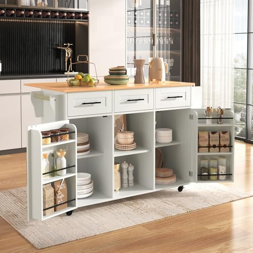 DRIXNO Kücheninsel Freistehend mit Klappbarer Arbeitsplatte Küchenschrank Küchenwagen auf 5 Rollen, mit Ablage und 3 Schubladen, Weiß Für Esszimmer 139x46(71) x91,5 cm