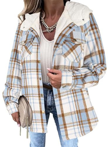 Generisch Hemdjacke Damen Flanellhemd Kariertes Knöpfen Taschen Mantel Holzfällerjacke Plaid Plüsch Fleece Gefüttert Jacke Winter Bluse Mit Kapuze