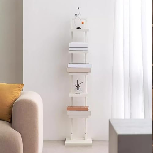 HARELA Metall Bücherregal Bodenstehendes, Vertikales Bücherregal, Standregal Regal In Schmaler Leiterform, Bücherturm DIY Offenes Bücherregal Für Dekor, Für Kleinen Raum(White-6 Tier)