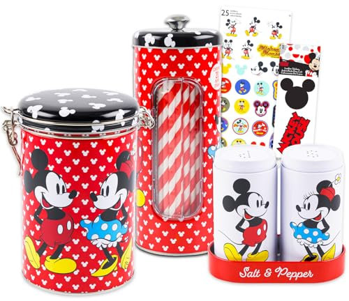Juego de decoración de cocina de Mickey y Minnie, paquete con tarro de galletas de Mickey Mouse y Minnie, salero y pimentero, soporte para popote, más calcomanías | Accesorios de cocina Disney