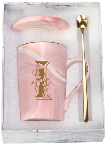 Letter I Personalized Initial Mugs with Flower, Letter I Personalized Novelty Coffee Mug, Novelty Letter Coffee Mugs for Women, Bridal Shower Gifts, Women's Initials Gifts Coffee Mug 14 Ounce Pink