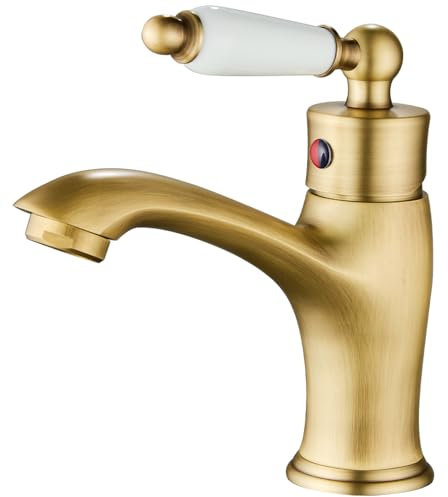 Maynosi Traditional Bathroom Basin Mixer Tap, Luxury Victorian Basin Mixer, Single Lever Mono Sink Tap with Flexible Tails, Retro Ceramic Handle Faucet for Cloakroom, Solid Brass (Antique Brass)