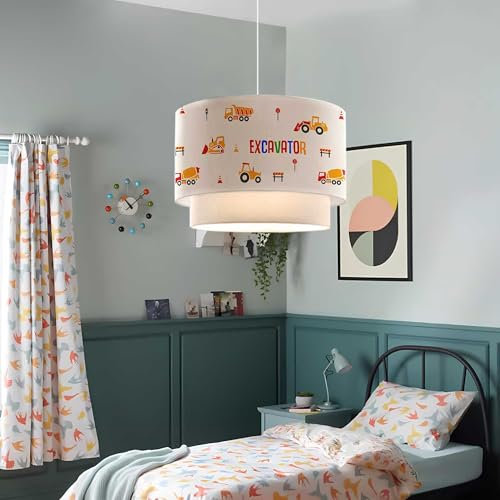lux.pro Kinderzimmer Lampe Lurgan Deckenleuchte E27 LED-geeignet Hängelampe mit Stoffschirm doppelt Baufahrzeuge-Motiv 70 cm hoch Weiß