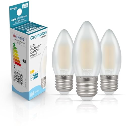 Crompton Lamps Filament Candle LED Light Bulb ES-E27 | 6.5W = 60W Equivalent | Warm White 2700K | Energy Efficient | Edison Screw Lightbulb | Long Life 15,000-Hrs | Pearl Glass | Dimmable | 3-Pack