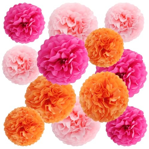 12 Stück Honeycomb Papier Pompons Set, Rose Rot, Hellrosa und Orange Hängedekoration Papier Pompoms Deko, Pompom aus Krepppapier Bunt, Pompons Deko für Hochzeit Tischdeko Geburtstagsdeko Gartenparty