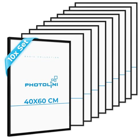 PHOTOLINI Bilderrahmen 40x60 Schwarz, Kunststoff 40x60 cm Bilderrahmen 10er Set mit bruchsicherem Acrylglas, Rahmen 60x40 zum Aufhängen mit Zubehör - Dokumentenrahmen für Urkunden, Zertifikate & Fotos