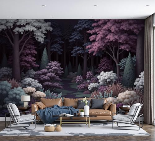 Seide Fototapete Lila Traumwald 350x256cm, Fantasy-Illustration Landschaft 3D Effekt Mustertapete Wandtapete Tapete Geeignet Für Schlafzimmer Kinderzimmer Wohnzimmer Wand Deko