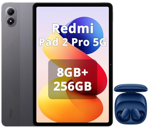 XIAOMI Redmi Pad 2 Pro 5G 8 GB + 256 GB, Pantalla de 12,1 2.5K 120 Hz con Protección Ocular, Batería de Gran Capacidad de 12000mAh, Snapdragon 7s Gen 4, eSIM, Color Gris, Incluye Auriculares Azules