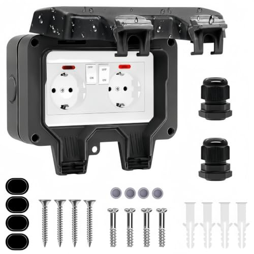 Double Prise Exterieure Etanche IP66 avec Couvercle, Interrupteur | Prise Etanche Exterieur avec Voyant Lumineux, pour Jardin, Garage, Piscine Cuisine, Salle de Bain, Pièce Humide Extérieur