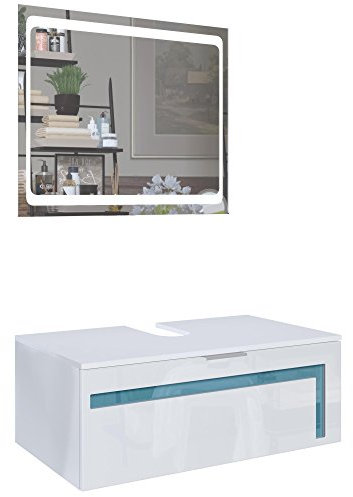 Vladon Waschtisch Waschbecken Unterschrank Aloha V2, Made in Germany, Korpus in Weiß matt/Fronten in Weiß Hochglanz mit Absetzungen in Petrol Hochglanz, mit LED Spiegel