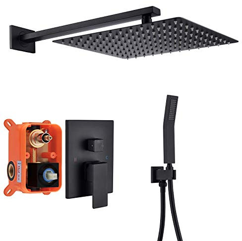 Tecmolog Schwarz Duschsystem Regendusche Unterputz Regendusche Set Quadrat Regendusche Duschkopf mit Wandhalterung, Handbrause und Einhandmischer Box, BB314B