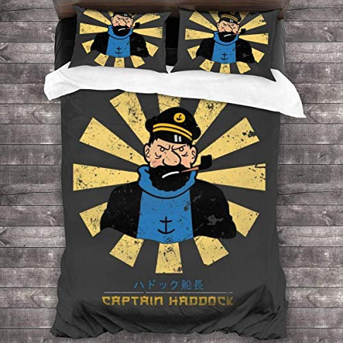 Knncch Captain Haddock Retro Japanisches Tim und Struppi 3-teiliges Bettwäscheset Bettbezug Dekoratives 3-teiliges Bettwäscheset mit 2 Kissenbezügen