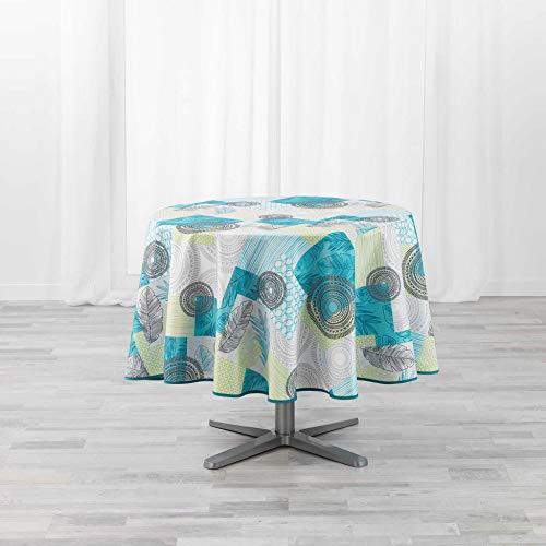 Douceur d'Intérieur Nappe Ronde (Diamètre 180 cm) Peachy Bleu, Polyester Imprimé