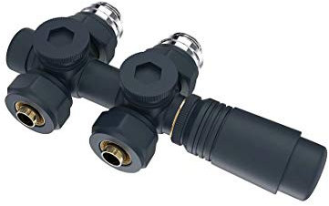 Heilmetz Multiblock Set für Heizkörper Anschlussarmatur mit Thermostat 50mm Ventil-Armaturen Heizungszubehör Eck- und Durchgangsform Anthrazit Wandanschluß Anschlußgarnitur (16mm, 1 Stück)