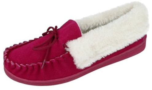 Cushion Walk Ladies Real Suede Leather Faux Sheepskin Fur Lined Moccasin Slippers Size 4-8 (Fuchsia, 6)
