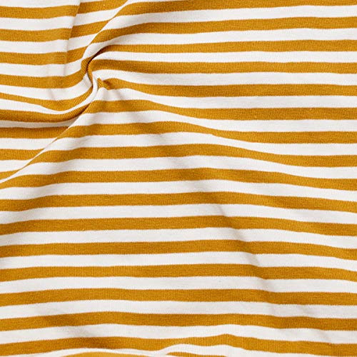 STOFFKONTOR Baumwoll Stretch Jersey Stoff Classic Ringel 2 - Meterware, Ocker Weiss - Öko-Tex Standard - zum Nähen von Kleidern, Röcken, Shirts, Dekoration, UVM.