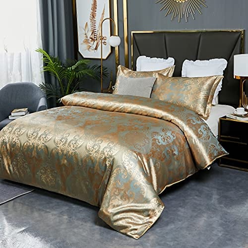 HMtideby Jacquard Duvet Cover Set Double Microfiber Bedding Sets 3 pcs Gold Duvet Quilt Cover with 2 Matching Pillow Cases 200x200cm
