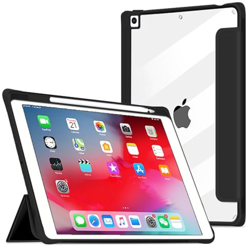 VAGHVEO Coque pour iPad 10,2 Pouces 2021/2020/2019 (9ème/ 8è / 7e Génération) avec Porte-Stylo, iPad Air 3e 2019 10,5 / Pro 10,5 2017 Étui Housse Cover Arrière Transparente de Protection, Noir