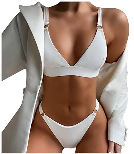 Bikini-Sets Für Damen O-Ring String Padded Low Waisted Bikini Set Sexy Deep V Neck Solid Swimsuit Two Piece Swimsuit Bikini Sets for Women Bikinis Push Up Bikini Weiß L