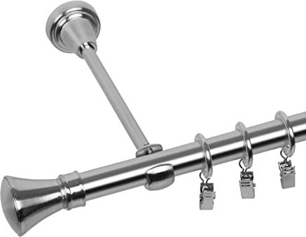 RENA Gardinenstange 19 mm Einfach | Metall-Einzelgardinenstange | Elegante klassische Gardinenstange mit geräuscharmen Rollen | Inklusive Montagezubehörset | Edestahl Optik 260cm |Monako