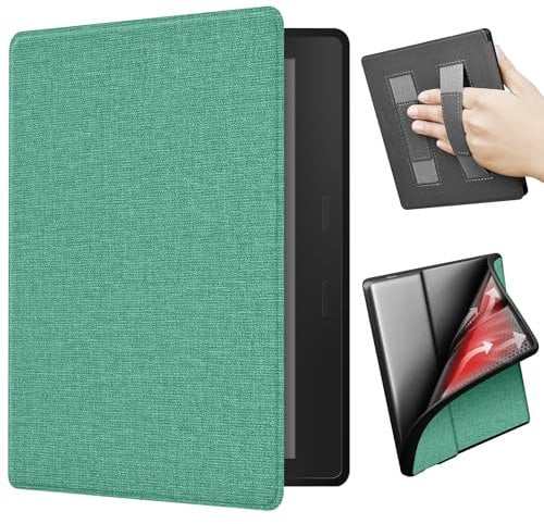 ERUNTO Étui pour Kindle Oasis 2/3 de 7 Pouces, Coque en TPU avec Texture en Tissu et Double dragonne à l'arrière, Coque magnétique avec Fonction de réveil/Veille Intelligente (Vert)