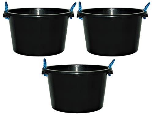 70L Litre Black Heavy Duty Multipurpose Plastic Tub Bucket Planter With Rope Handles Muck Bucket Open-Top Storage Round Utility Tub for Indoor or Outdoor Home Garden - Made In UK (3 QTY, 70 Litre)