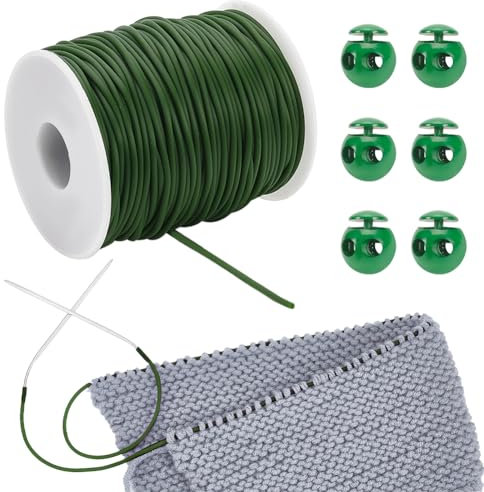 NBEADS 55 Yards/50m Gummischnüre zum Nähen, 2mm Maschenhaltekordeln Maschenhalter Mit 6 Stück 0.55cm Loch Kordelstopper Zum Halten von Maschen Armbändern Halsketten Perlen, Dunkel Olivgrün