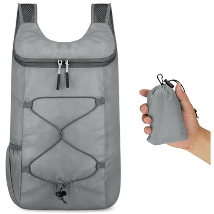 HIOQFR Mini Rucksack Faltbar Ultraleichter 20L Leichter Rucksack Damen Herren Faltbare Rucksäcke Faltrucksack Klein Foldable Backpack Wandern Ultralight Rucksack Wasserdicht Sport Tagesrucksack-Grau